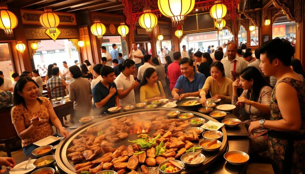 A bustling mookata dining experience in a vibrant Thai setting. In the foreground, a large circular grill filled with sizzling meats and vegetables, surrounded by colorful plates and dipping sauces. Diners gather around the table, chatting animatedly and deftly cooking their food. The middle ground showcases the lively atmosphere, with traditional Thai decor, hanging lanterns, and ornate wooden furniture. The background is alive with the hum of activity, conveying the energy and liveliness of a popular local mookata establishment. Warm, golden lighting casts a cozy glow, creating an inviting and immersive dining ambiance.