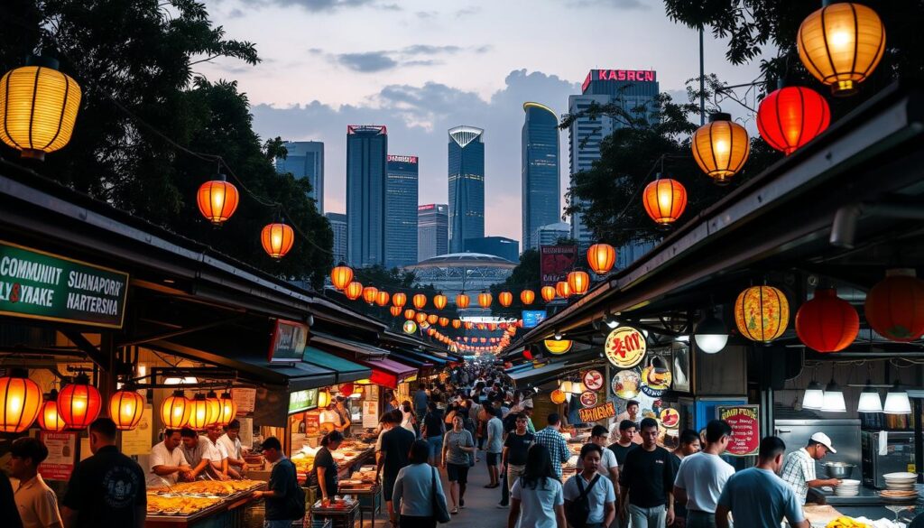 A bustling night market in Singapore, illuminated by the warm glow of lanterns and neon signs. In the foreground, a vibrant array of hawker stalls offering unique and tantalizing cuisines - from sizzling satay skewers to fragrant laksa noodles, steaming dumplings to flavorful curries. The middle ground showcases the diversity of Singaporean culinary traditions, with chefs skillfully preparing dishes infused with a blend of Malay, Chinese, Indian, and Peranakan influences. In the background, the iconic skyline of Singapore's modern architecture provides a stunning contrast, creating an atmosphere that celebrates the city's rich cultural tapestry and its renowned status as a premier dining destination.