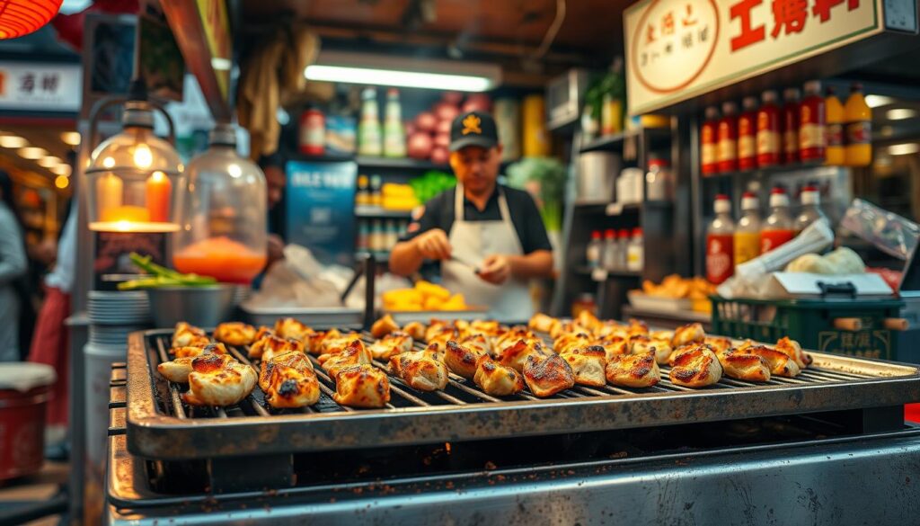A bustling open-air food stall in a vibrant Chinatown setting. In the foreground, a sizzling grill tops a metal griddle, its surface dotted with golden-brown bites of Sichuan-style griddled specialties. The aroma of fragrant spices and charred meats wafts through the air. In the middle ground, the stall's proprietor skillfully tends to the sizzling fare, their hands a blur of practiced motion. Behind them, a colorful array of fresh produce and condiments fill the stall, hinting at the authentic flavors to come. The scene is bathed in warm, golden light, capturing the lively energy of this Chinatown food experience. Prompt