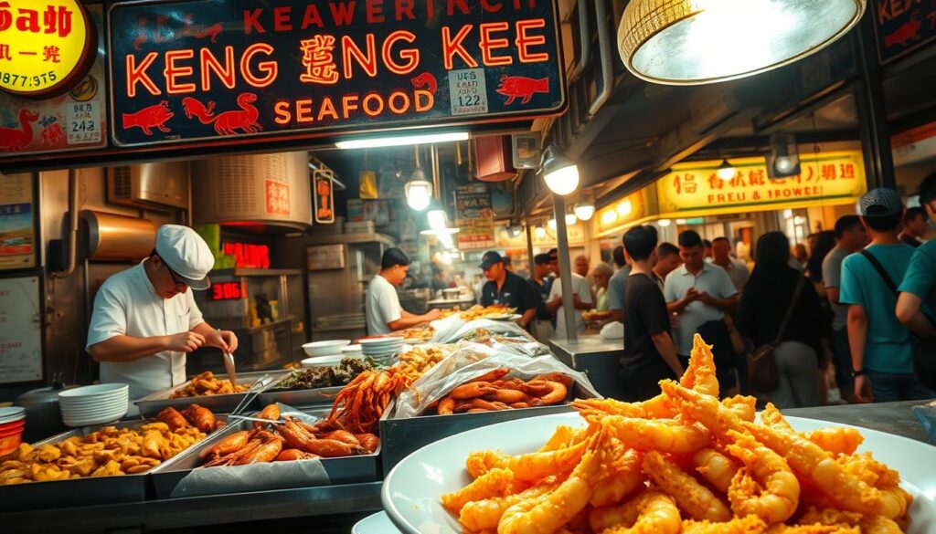 A bustling open-air hawker stall, Keng Eng Kee Seafood, nestled within the lively Alexandra Village. The weathered, neon-lit signage casts a warm glow over the front counter, where skilled chefs deftly prepare a mouthwatering array of classic Singaporean tze char dishes. In the foreground, a steaming plate of Cereal Prawns takes center stage, its crispy golden crust glistening under the soft, diffused lighting. The middle ground features a variety of seafood delicacies, from succulent black pepper crabs to juicy, wok-fried fish. In the background, a bustling crowd of local diners and curious foodies create a lively, authentic atmosphere, immersing the viewer in the vibrant, communal spirit of this beloved Singaporean institution.