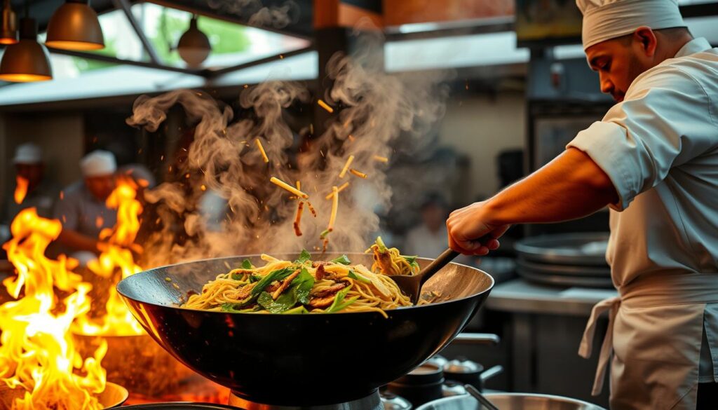 A bustling open-air kitchen, the wok sizzling over high heat, flames licking the sides. A chef, clad in crisp whites, deftly tosses the ingredients, their practiced movements a hypnotic dance. Clouds of aromatic steam rise, the scent of charred soy, garlic, and toasted rice filling the air. Bright, fresh greens, springy noodles, and tender protein mingle in a whirlwind of flavor and texture. Droplets of oil spit and pop, creating a symphony of crackles and hisses. The chef's face is set in deep concentration, their muscles rippling as they work the wok with surgical precision, coaxing out the elusive "wok hei" - that ineffable smoky, caramelized essence that elevates a good fried dish to the sublime.
