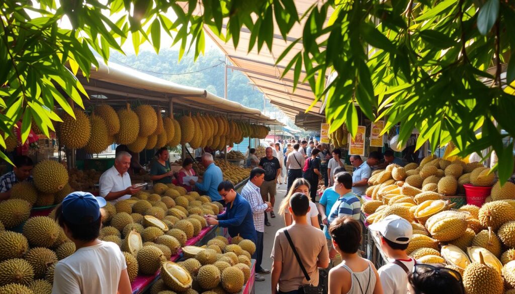 A bustling open-air market in Singapore, stalls overflowing with fresh durians. The air is thick with their pungent aroma as vendors skillfully wield cleavers, cracking open the spiky green fruits to reveal the creamy, golden flesh within. Sunlight filters through the awnings, casting a warm glow over the scene. In the foreground, customers examine the different varieties, eager to find the perfect balance of sweetness and bitterness. Vibrant tropical foliage frames the stalls, hinting at the lush, verdant landscape beyond. The atmosphere is lively and inviting, capturing the essence of Singapore's reputation as a durian lover's paradise.