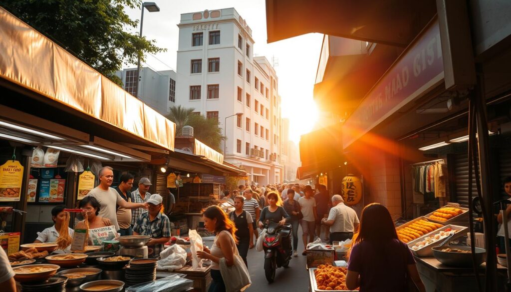 A bustling open-air market in the heart of Tiong Bahru, Singapore. The sun bathes the scene in a warm, golden glow, casting soft shadows across the crowded stalls. In the foreground, vendors offer a tantalizing array of local delicacies - steaming bowls of noodles, fragrant curries, and freshly baked pastries. In the middle ground, shoppers weave through the aisles, their faces alight with anticipation. In the background, the distinctive art deco architecture of the Tiong Bahru neighborhood provides a timeless backdrop, hinting at the area's rich history. An atmosphere of excitement and community pervades the market, capturing the essence of Singapore's vibrant hawker culture.