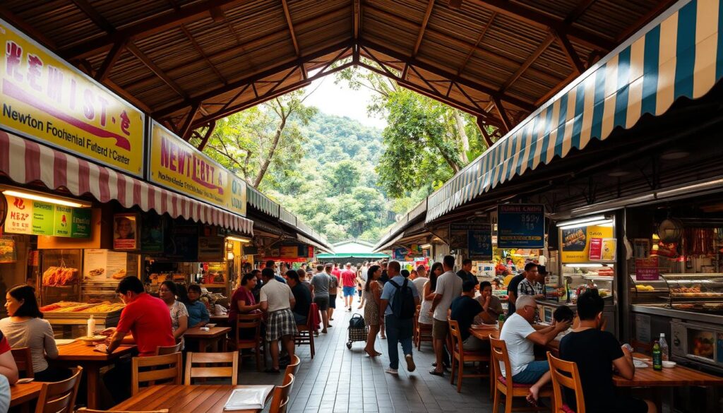 A bustling outdoor hawker center with rows of colorful food stalls, awnings, and bustling crowds. The camera angle captures the lively atmosphere, with people dining at wooden tables and chairs, surrounded by the vibrant sights and aromas of Singaporean cuisine. In the foreground, stalls selling iconic dishes like chicken rice, laksa, and satay create a mouthwatering display. The middle ground features the iconic architectural elements of the Newton Food Centre, with its distinctive pitched roofs and open-air layout. In the background, a lush, verdant landscape frames the scene, hinting at the tropical setting. The lighting is warm and natural, casting a golden glow over the entire composition, conveying the welcoming and inviting atmosphere of this renowned Singaporean food destination.
