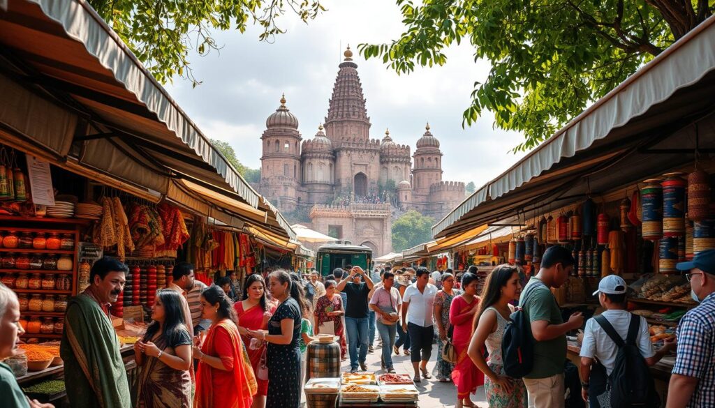 A bustling outdoor market, vibrant with the sights and sounds of cultural exchange. Vendors in traditional attire selling handcrafted wares, spices, and local delicacies. Tourists immersed in the lively atmosphere, interacting with locals, sampling exotic flavors. Dappled sunlight filters through canopies, casting a warm glow over the scene. In the background, ancient architectural landmarks stand as silent witnesses to the centuries-old traditions. This is a place where cultures converge, offering a truly immersive travel experience.