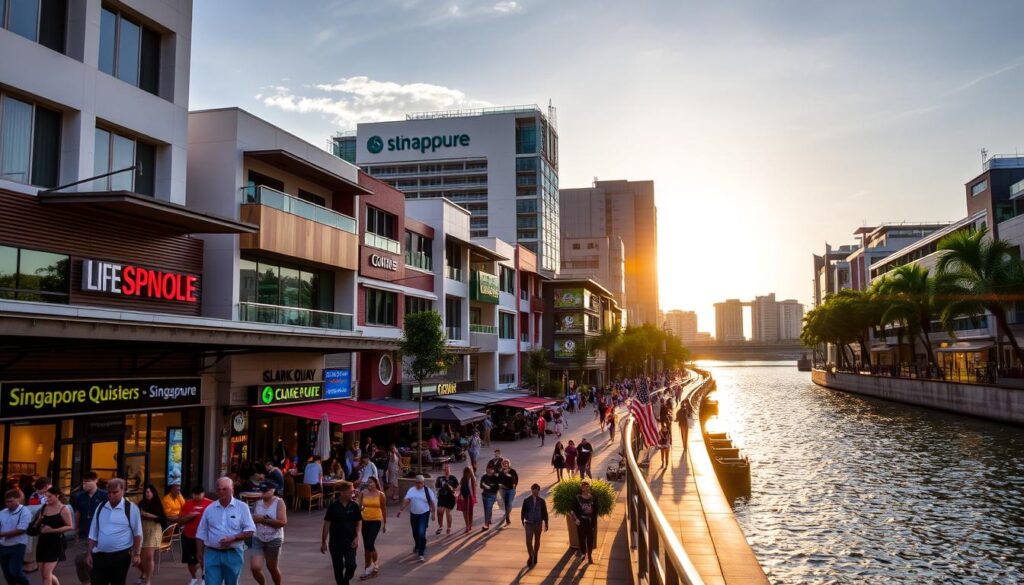 A bustling riverside shopping district in Singapore, Clarke Quay is a vibrant scene of modern architecture, lively outdoor cafes, and boutique storefronts. In the foreground, pedestrians stroll along the promenade, taking in the sights and sounds of this lively urban oasis. The middle ground features a mix of low-rise buildings in a variety of styles, their facades adorned with colorful signage and awnings. In the background, the sparkling waters of the Singapore River reflect the warm glow of the afternoon sun, casting a golden hue over the entire scene. Sleek, contemporary lighting fixtures illuminate the area, creating a welcoming and inviting atmosphere perfect for an afternoon of riverside shopping and dining.
