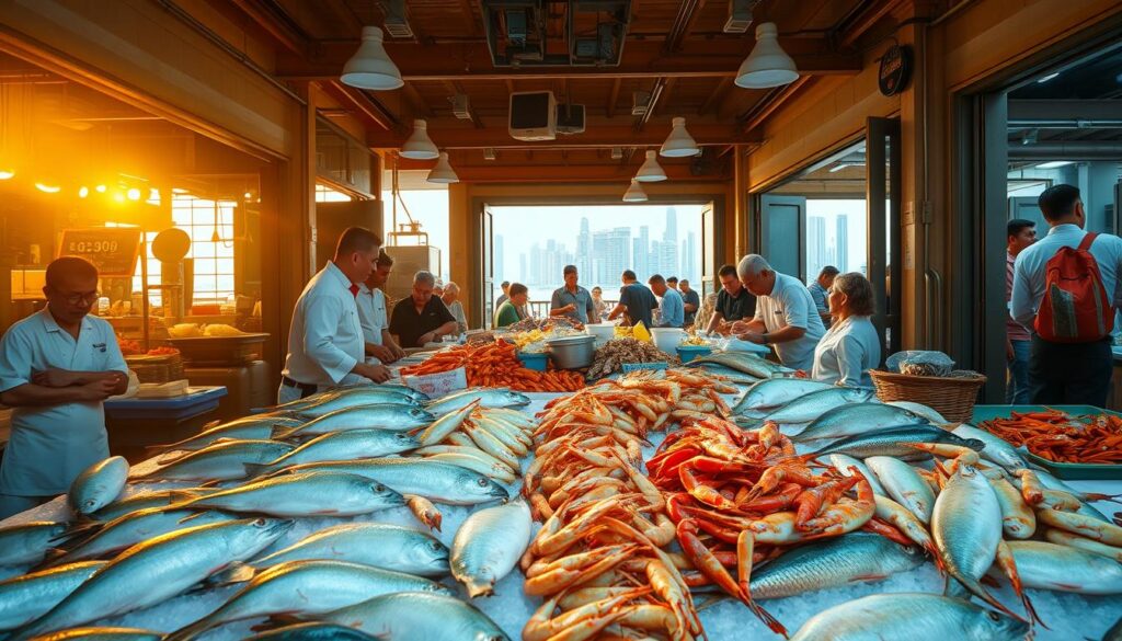 A bustling seafood market in Singapore, illuminated by warm natural light filtering through large open windows. In the foreground, a vibrant display of freshly caught fish, shrimp, and crab glistening on ice. The middle ground features a lively scene of local chefs and vendors haggling over the day's catch, their animated conversations adding to the energetic atmosphere. In the background, glimpses of the city skyline can be seen through the open doorways, hinting at Singapore's coastal location. The overall mood is one of abundance, authenticity, and a celebration of the sea's bountiful offerings.