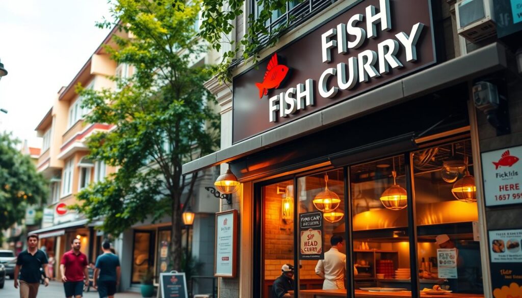 A bustling street corner in Singapore, with vibrant shophouses and lush greenery in the background. In the foreground, a renowned fish head curry restaurant stands out, its signage and storefront beckoning passersby. The interior is visible through large windows, showcasing the warm, inviting ambiance and the chefs skillfully preparing the iconic dish. The lighting is a perfect balance of natural daylight and cozy, incandescent accents, casting a welcoming glow. The image captures the essence of Singapore's rich culinary heritage and the unparalleled allure of its top-tier fish head curry spots.