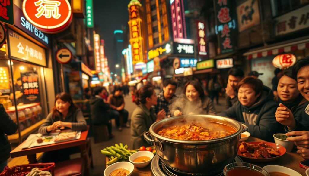 A bustling street in Chongqing, China, showcasing the iconic Tiantai Hotpot. In the foreground, a steaming pot of spicy broth simmers on a small table, surrounded by an array of fresh meats, vegetables, and dipping sauces. The middle ground features patrons seated around the table, immersed in the communal dining experience, their faces flushed with delight. In the background, the vibrant city skyline rises, with neon signs and towering buildings creating a dynamic, almost cinematic atmosphere. The lighting is warm and inviting, casting a golden glow over the scene and emphasizing the cozy, intimate nature of the hotpot gathering. Captured with a wide-angle lens, the image conveys the lively, authentic essence of this hidden culinary gem. A bustling street in Chongqing, China, showcasing the iconic Tiantai Hotpot. In the foreground, a steaming pot of spicy broth simmers on a small table, surrounded by an array of fresh meats, vegetables, and dipping sauces. The middle ground features patrons seated around the table, immersed in the communal dining experience, their faces flushed with delight. In the background, the vibrant city skyline rises, with neon signs and towering buildings creating a dynamic, almost cinematic atmosphere. The lighting is warm and inviting, casting a golden glow over the scene and emphasizing the cozy, intimate nature of the hotpot gathering. Captured with a wide-angle lens, the image conveys the lively, authentic essence of this hidden culinary gem.