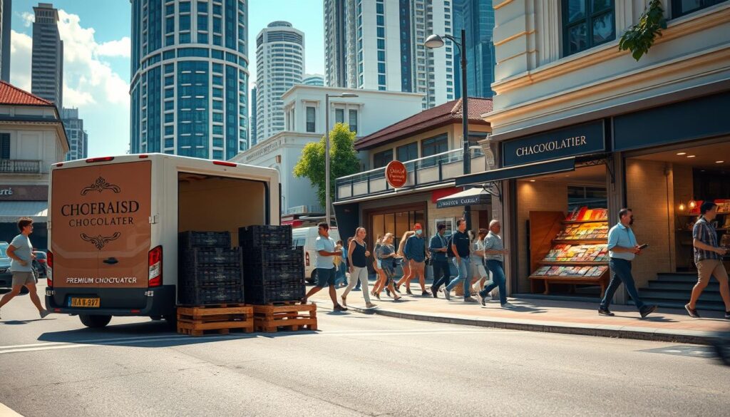 A bustling street in Singapore, the sun casting a warm glow over the scene. In the foreground, a delivery van emblazoned with the logo of a renowned chocolatier. Crates of premium chocolate bars and boxes are being carefully loaded, their rich aroma wafting through the air. In the middle ground, pedestrians hurry by, some pausing to admire the tempting display in the shop window. The background features a mix of heritage shophouses and modern high-rises, reflecting the city's unique blend of old and new. The overall atmosphere is one of excitement and indulgence, perfectly capturing the essence of Singapore's thriving chocolate scene.