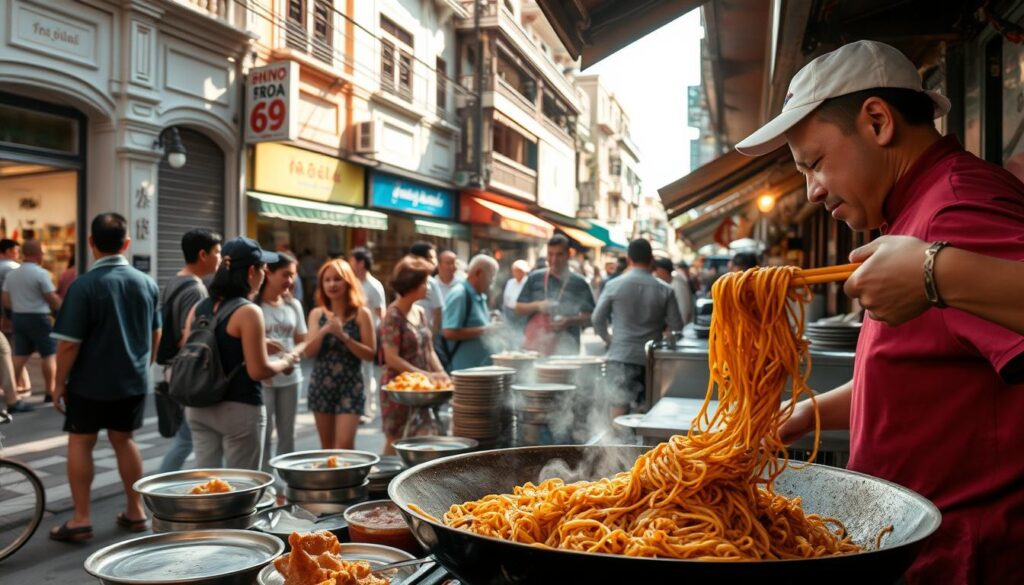 A bustling street in Singapore's vibrant Chinatown, the sun-dappled Hill Street is home to a legendary hawker stall. Aromatic wafts of caramelized kway teow noodles, sizzling on a well-seasoned wok, mingle with the lively chatter of nearby vendors. In the foreground, a skilled chef expertly tosses the noodles, their every move captured in a blur of motion, creating a symphony of flavors. The middle ground reveals a vibrant scene - patrons eagerly awaiting their steaming plates, while the background showcases the iconic shophouses that line the street, casting a warm, nostalgic glow. The image conveys the energetic atmosphere and mouthwatering allure of Hill Street's legendary fried kway teow.