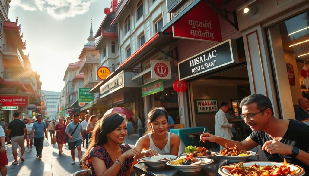 A bustling street in Singapore's vibrant Chinatown, with a row of lively halal restaurants lining the sidewalk. The sun casts a warm glow over the scene, illuminating the colorful facades and inviting diners to step inside. In the foreground, a group of friends enjoying a delectable halal meal, plates filled with fragrant spices and succulent meats. The middle ground showcases the diverse range of halal cuisine, from traditional Malay dishes to modern fusion creations. In the background, the iconic architecture of Singapore's historic district provides a picturesque backdrop, hinting at the multicultural influences that shape the city's culinary landscape. The overall atmosphere exudes a sense of cultural celebration and the joy of discovering the best halal restaurants Singapore has to offer.