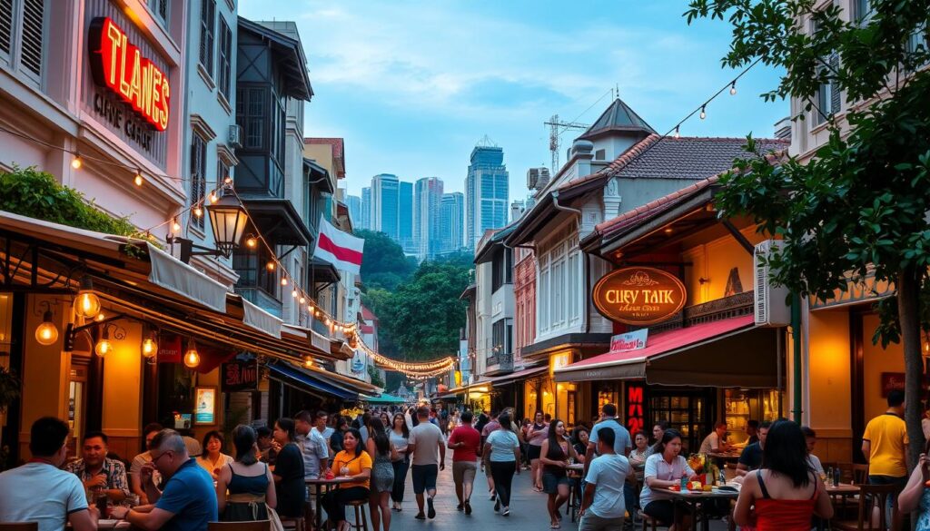 A bustling street in Singapore's vibrant Keong Saik neighborhood, lined with a mix of trendy restaurants and charming heritage shophouses. In the foreground, patrons dine alfresco under the soft glow of string lights, enjoying local delicacies and craft cocktails. The middle ground features the facade of a popular eatery, its neon sign and decorative elements catching the eye. In the background, a hazy skyline of skyscrapers and lush greenery creates a harmonious contrast. The scene is bathed in a warm, golden light, evoking a lively, cosmopolitan ambiance perfect for an evening out.