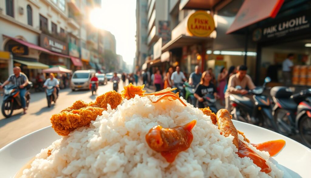 A bustling street scene on Sixth Avenue, Singapore, showcasing the iconic Nasi Lemak dish. In the foreground, a tightly framed view of a generous serving of steaming white rice, flanked by a golden-brown fried chicken, crispy ikan bilis, and a vibrant sambal sauce. The middle ground features the colorful stalls and shophouses lining the avenue, with a mix of local patrons and tourists savoring the aromatic feast. The background captures the bustling energy of the neighborhood, with cars, motorbikes, and pedestrians creating a lively urban atmosphere. Warm, golden sunlight filters through the scene, casting a soft, inviting glow and accentuating the mouthwatering details of the Nasi Lemak. A bustling street scene on Sixth Avenue, Singapore, showcasing the iconic Nasi Lemak dish. In the foreground, a tightly framed view of a generous serving of steaming white rice, flanked by a golden-brown fried chicken, crispy ikan bilis, and a vibrant sambal sauce. The middle ground features the colorful stalls and shophouses lining the avenue, with a mix of local patrons and tourists savoring the aromatic feast. The background captures the bustling energy of the neighborhood, with cars, motorbikes, and pedestrians creating a lively urban atmosphere. Warm, golden sunlight filters through the scene, casting a soft, inviting glow and accentuating the mouthwatering details of the Nasi Lemak.