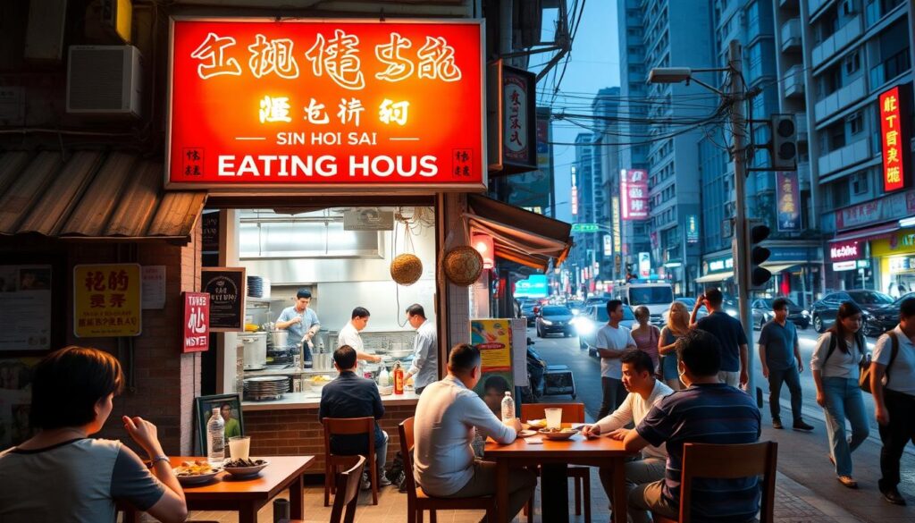 A bustling street-side eatery, "Sin Hoi Sai Eating House" stands with its vibrant neon sign and weathered facade, inviting passersby to indulge in the authentic flavors of Singaporean Tze Char cuisine. In the foreground, diners savor their dishes at cozy wooden tables, the aroma of sizzling woks and fragrant spices filling the air. The middle ground showcases the lively open kitchen, where skilled chefs expertly prepare a variety of local specialties. In the background, the bustling city scene unfolds, with pedestrians and vehicles adding to the energetic atmosphere. Warm, soft lighting casts a cozy glow, capturing the convivial spirit of this beloved neighborhood institution.