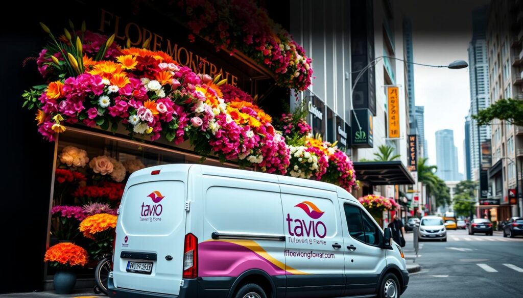 A bustling urban street in Singapore, with a vibrant floral shop at the center. The storefront is adorned with an array of lush, colorful blooms, expertly arranged in striking displays. Sunlight filters through the large windows, casting a warm, inviting glow. In the foreground, a delivery van waits, its side panel emblazoned with the shop's logo, ready to whisk away same-day flower orders to eager customers. The background features the lively city skyline, hinting at the fast-paced, on-demand nature of the service. The overall atmosphere is one of efficiency, quality, and a celebration of nature's beauty, capturing the essence of the "Same-Day Flower Delivery in Singapore" section.