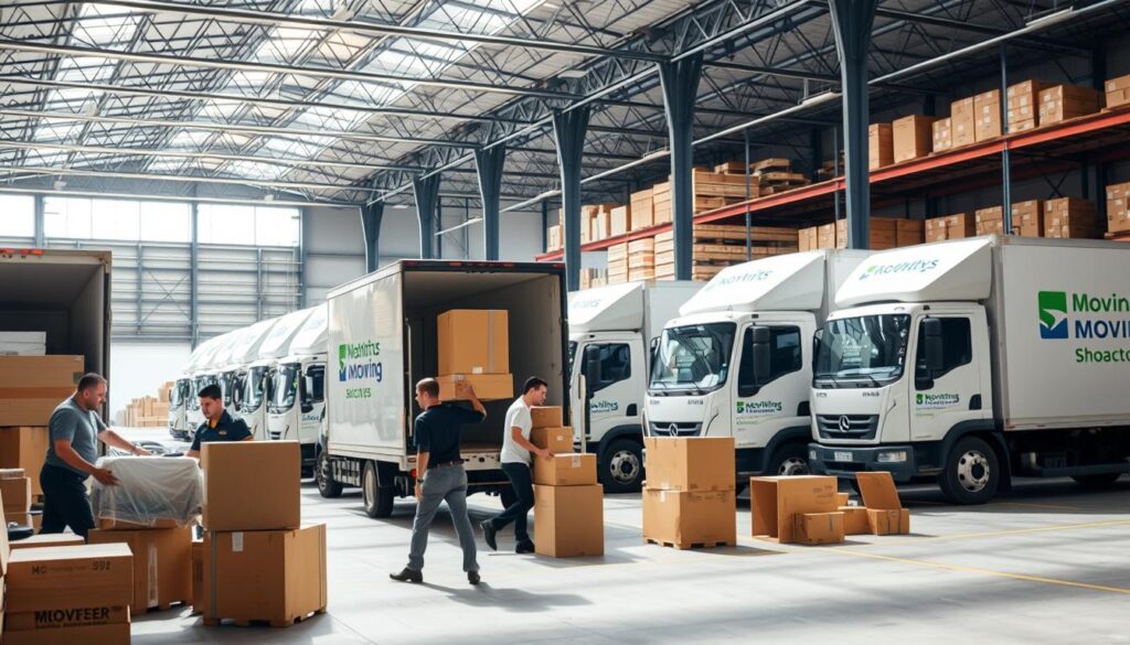 A bustling warehouse scene, with a team of movers carefully loading furniture and boxes onto a fleet of moving trucks. The foreground features the movers in action, their faces determined as they maneuver heavy items with practiced efficiency. The mid-ground showcases the array of moving trucks, their logos prominently displayed, ready to transport belongings to their new destinations. In the background, a well-organized storage area, with neatly stacked boxes and supplies, conveys a sense of professionalism and attention to detail. Bright, natural lighting floods the scene, creating a warm and inviting atmosphere that reflects the reliable and trustworthy nature of the moving services. The overall composition captures the key factors to consider when choosing a mover: efficiency, organization, and attention to detail. A bustling warehouse scene, with a team of movers carefully loading furniture and boxes onto a fleet of moving trucks. The foreground features the movers in action, their faces determined as they maneuver heavy items with practiced efficiency. The mid-ground showcases the array of moving trucks, their logos prominently displayed, ready to transport belongings to their new destinations. In the background, a well-organized storage area, with neatly stacked boxes and supplies, conveys a sense of professionalism and attention to detail. Bright, natural lighting floods the scene, creating a warm and inviting atmosphere that reflects the reliable and trustworthy nature of the moving services. The overall composition captures the key factors to consider when choosing a mover: efficiency, organization, and attention to detail.