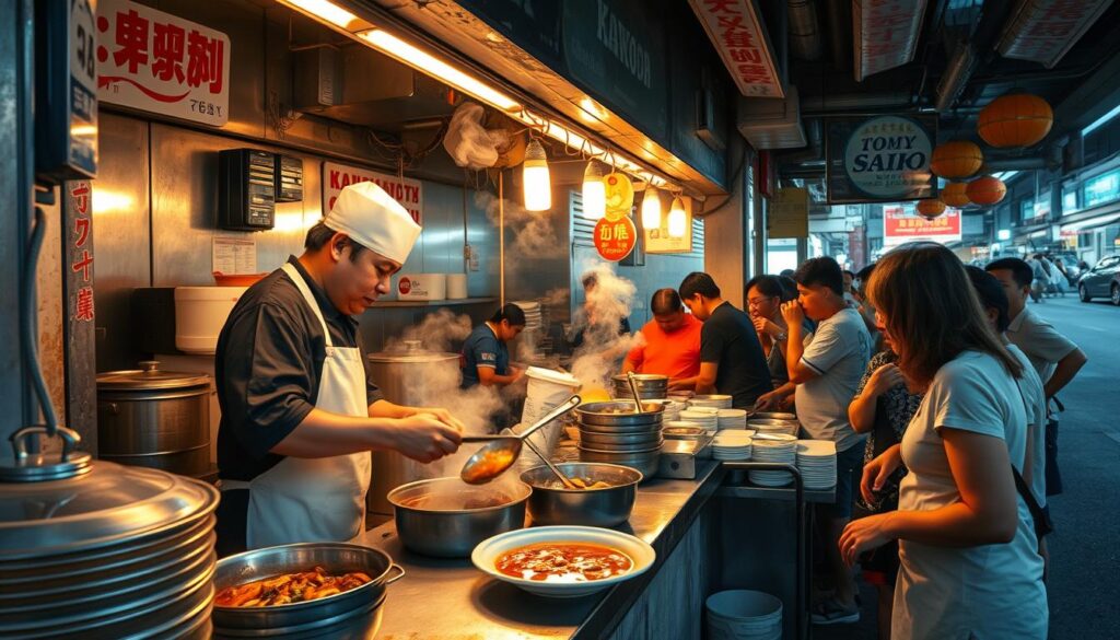 A busy kway chap stall nestled in the bustling heart of Toa Payoh, its gleaming stainless steel surfaces bathed in warm, golden light. Fragrant steam wafts from the simmering pots, enticing passersby with the mouthwatering aroma of slow-cooked meats and savory broth. In the foreground, a skilled chef carefully ladles the aromatic kway chap onto a waiting plate, while customers gather around the counter, eager to savor this iconic Singaporean dish. The stall's weathered exterior and retro signage evoke a sense of timeless tradition, transporting us to the vibrant hawker culture that has long defined the Toa Payoh neighborhood.