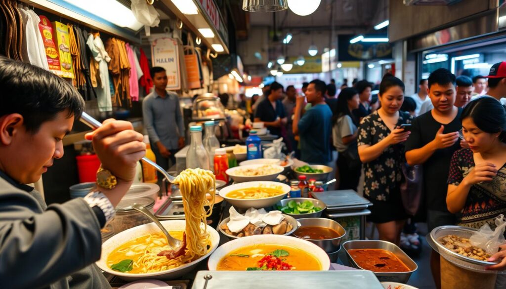 A busy laksa stall nestled in a bustling Singaporean hawker center. In the foreground, a skilled hawker ladling a steaming bowl of laksa, the noodles glistening in the warm light. Aromatic spices and herbs waft through the air, enticing passersby. The middle ground showcases the stall's vibrant display of condiments and toppings, each adding a unique layer of flavor. In the background, a lively scene of Singaporeans enjoying their laksa, chatting animatedly while savoring the rich, coconut-infused broth. The atmosphere is one of community, tradition, and the celebration of this quintessential Singaporean dish.