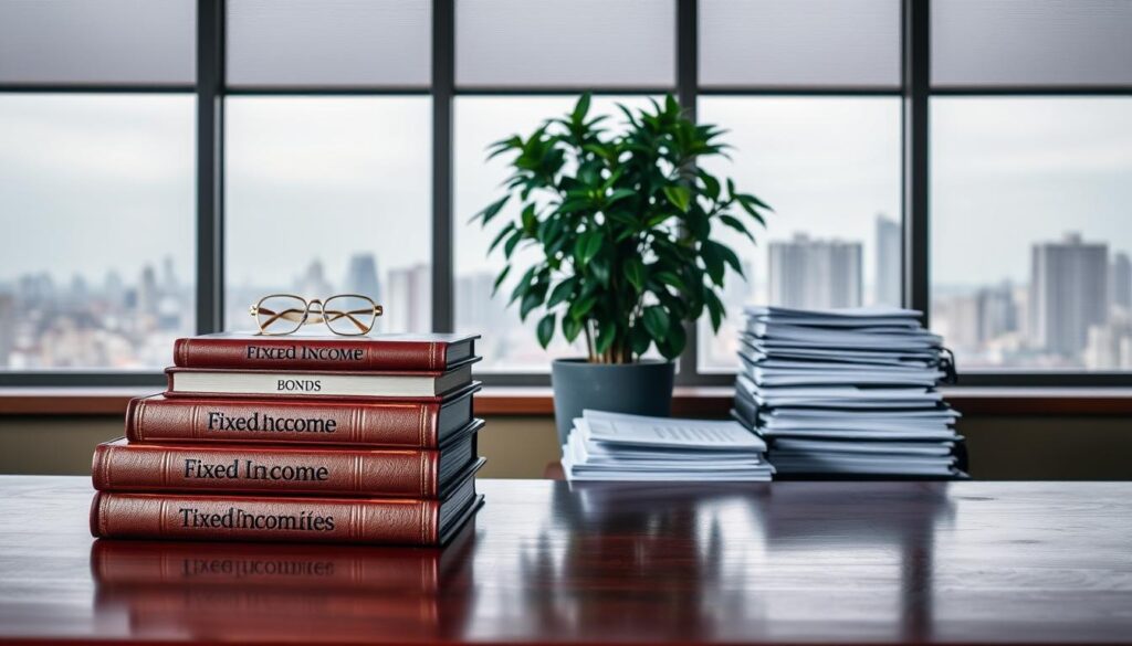 A calm, serene scene depicting low-risk bond funds. In the foreground, a stack of stately, leather-bound books labeled "Fixed Income", "Bonds", and "Treasuries", resting on a polished mahogany desk. In the middle ground, a potted fern and a meticulously organized array of folders and documents, hinting at the careful management of financial assets. The background features a large window overlooking a tranquil cityscape, with muted tones of grey and soft, diffused lighting, conveying a sense of stability and security. The overall mood is one of prudence, reliability, and measured growth, perfectly suited to illustrate the "Low-Risk Alternative to Dividend Stocks" section.