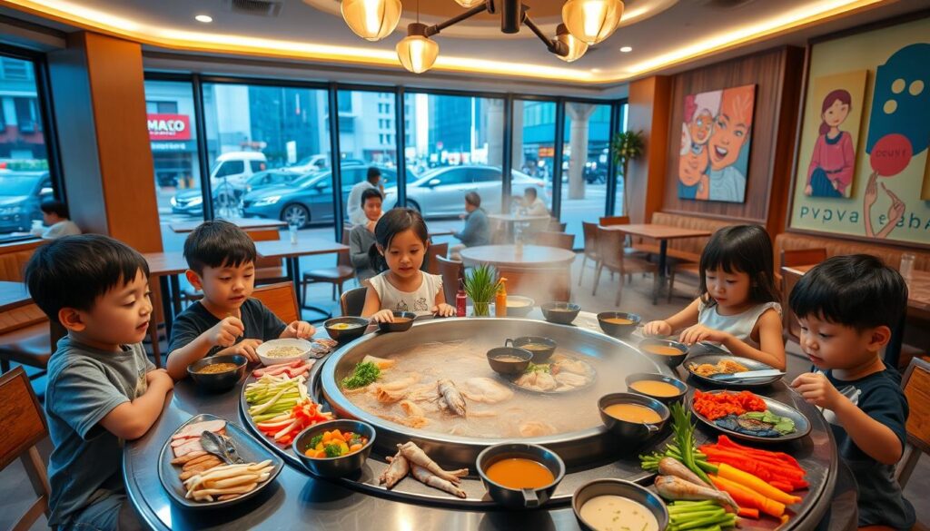 A cheerful, family-friendly hotpot restaurant in Singapore, with a warm, inviting atmosphere. In the foreground, a large, circular hotpot table is set with an array of colorful, fresh ingredients - thinly sliced meats, seafood, vegetables, and dipping sauces. Children sit around the table, eagerly dipping their food into the simmering broth. The middle ground features the restaurant's cozy, modern decor, with wooden accents and vibrant artwork on the walls. In the background, the bustling streets of Singapore can be seen through large windows, creating a sense of connection to the city. Soft, diffused lighting illuminates the scene, highlighting the vibrant colors and creating a comforting, welcoming ambiance.