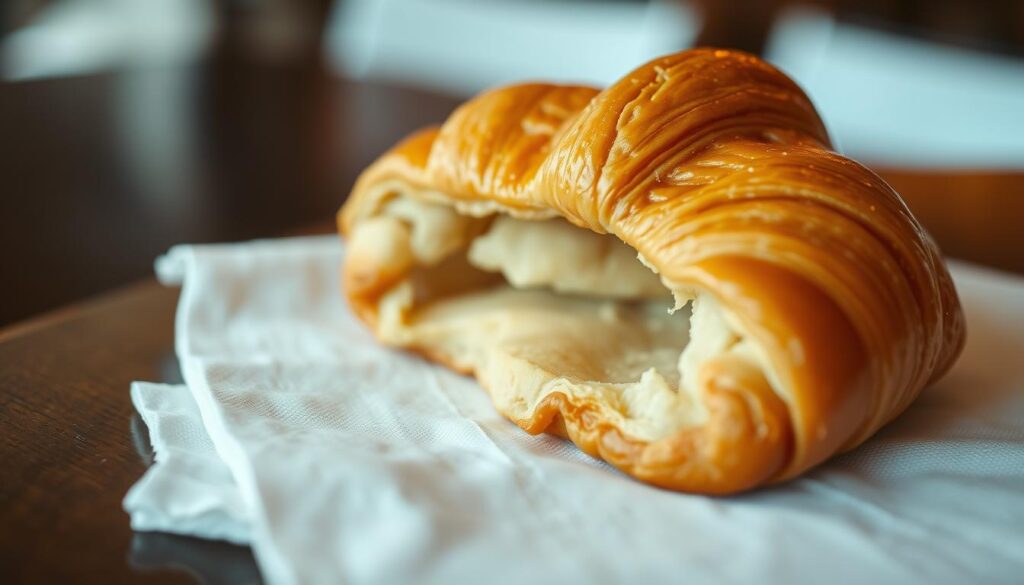 A classic Petit Pain croissant rests on a crisp white linen napkin, its golden-brown exterior glistening under soft, warm lighting. The flaky, buttery layers unfurl invitingly, revealing a tender, pillowy interior. The croissant is captured in a close-up shot, filling the frame and drawing the viewer's attention to its sumptuous texture and form. The background is blurred, creating a sense of focus and emphasizing the croissant's captivating presence. This image perfectly encapsulates the artisanal craftsmanship and indulgent deliciousness of Petit Pain's signature pastry, a true East-side gem.