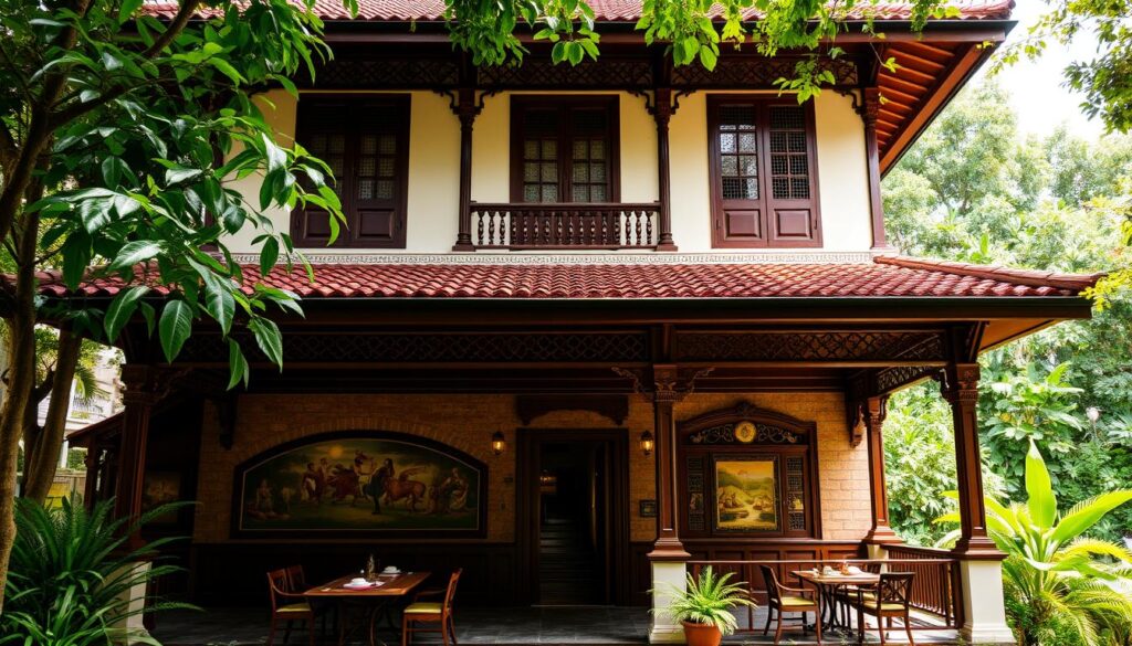 A classic two-story heritage building with a charming colonial facade, Komala Vilas sits amidst lush greenery in the heart of Singapore. Warm sunlight filters through the intricate latticed windows, casting a soft glow across the traditional tiled roof and ornate wooden accents. The serene verandah welcomes guests, inviting them to savor the flavors of authentic South Indian cuisine in an atmosphere of timeless elegance. The interior is adorned with intricate murals, brass lamps, and colorful textiles, creating an immersive dining experience that transports you to a bygone era. Capture the essence of heritage and hospitality at this iconic establishment, a testament to Singapore's rich multicultural heritage.