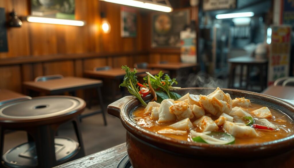 A claypot filled with steaming crab bee hoon soup, set against the warm, intimate ambiance of a classic Singaporean hawker stall. In the foreground, the clay pot's molten broth bubbles, revealing tender chunks of succulent crab meat and springy rice noodles. Surrounding the claypot, an array of fresh herbs, chili slices, and crunchy bean sprouts add vibrant pops of color and texture. In the middle ground, the weathered wooden tables and worn metal stools evoke the familiar, no-frills setting of a beloved local eatery. The background is softly lit, with the glow of fluorescent lamps casting a comforting glow over the scene, creating an inviting and authentic atmosphere.