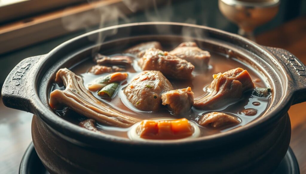 A claypot filled with steaming pork ribs in a rich, aromatic broth. The pork is tender and succulent, falling off the bone effortlessly. Chunks of Chinese herbs and spices add depth and complexity to the savory liquid. The claypot's rough, earthy exterior contrasts with the glistening, vibrant contents. Soft light filters in through a window, casting a warm, golden glow over the scene. The table is simply set, allowing the claypot to be the star of the show. An enticing aroma fills the air, beckoning the viewer to dive in and savor every bite of this unique and mouthwatering twist on the classic Bak Kut Teh dish.