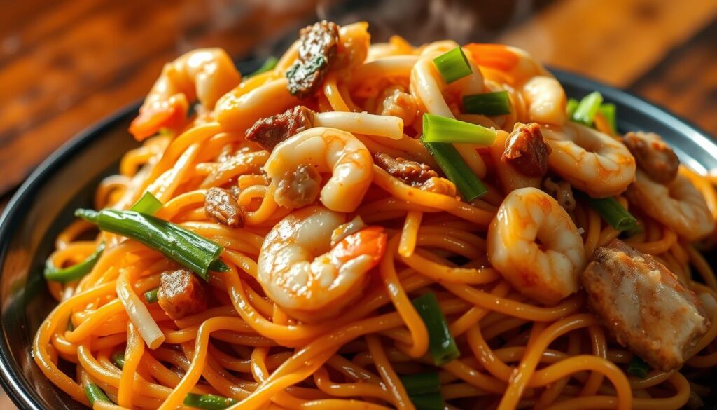 A close-up, high-resolution image of a steaming plate of freshly prepared fried Hokkien noodles. The noodles are a deep golden-brown color, with a glossy sheen and a delicate, crispy texture. They are tossed with juicy pieces of pork, shrimp, squid, and crunchy bean sprouts, creating a vibrant and mouthwatering composition. The dish is lit from the side, casting dramatic shadows and highlights that accentuate the dish's complex flavors and textures. The background is blurred, allowing the noodles to take center stage, and the overall mood is one of warmth, comfort, and the irresistible aroma of authentic Singaporean cuisine.