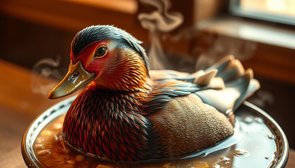 A close-up, high-resolution portrait of Mr. Duck, a plump and vibrant waterfowl, sitting in a steaming bowl of peppery kway chap. The duck is rendered with intricate detail, its feathers shimmering with a subtle iridescence. The kway chap broth swirls around the duck, steam rising in delicate wisps. The scene is captured in warm, golden lighting, creating a cozy, inviting atmosphere. The background is softly blurred, allowing the duck and the dish to take center stage. The overall composition conveys the rich, flavorful essence of this Singaporean hawker fare.