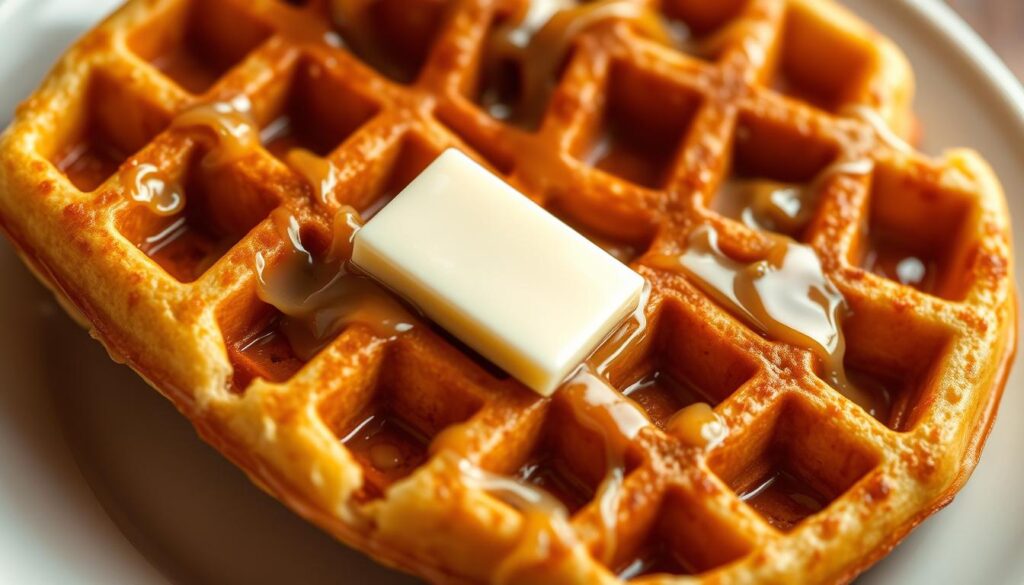 A close-up of freshly baked buttery waffles, golden-brown in color with a soft, fluffy interior and a delicate, crisp exterior. The waffles are drizzled with a generous amount of rich, creamy butter, creating a tantalizing glistening effect. The lighting is warm and natural, casting a soft, flattering glow on the waffles, highlighting their enticing texture and inviting the viewer to imagine the irresistible aroma and flavor. The waffles are presented on a plain white ceramic plate, allowing the focus to remain entirely on the delectable pastry. The overall mood is one of cozy, comforting indulgence, perfectly capturing the essence of the "Buttery Goodness" described in the section title.