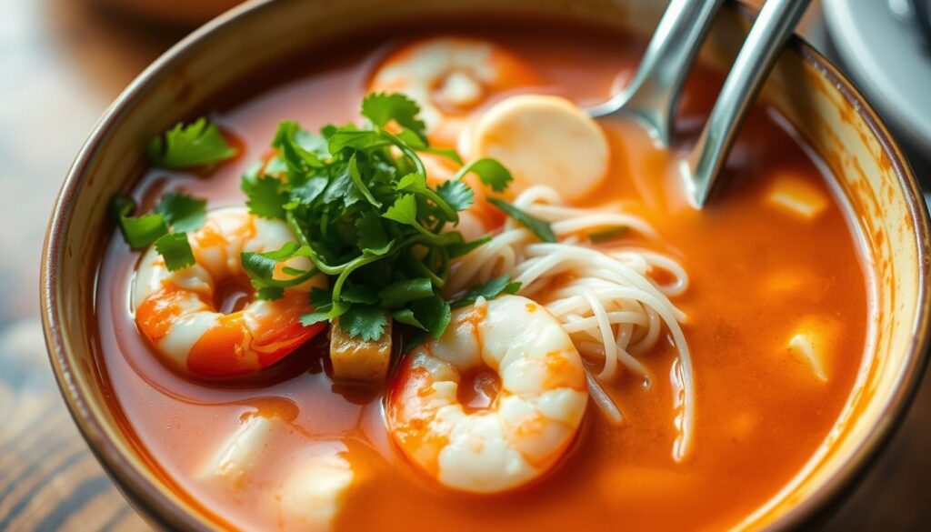 A close-up photograph of a steaming bowl of authentic laksa broth, its rich, aromatic red-orange hue glistening under warm, soft lighting. The broth is filled with plump, juicy shrimp, slices of springy fish cake, and thin strands of silky noodles. The surface is adorned with a vibrant green garnish, adding a fresh, herbal touch. The bowl is placed on a wooden table, creating a rustic, cozy atmosphere. The image captures the essence of what makes these laksa spots stand out - the depth of flavor, the careful preparation, and the commitment to preserving the traditional, time-honored recipe.