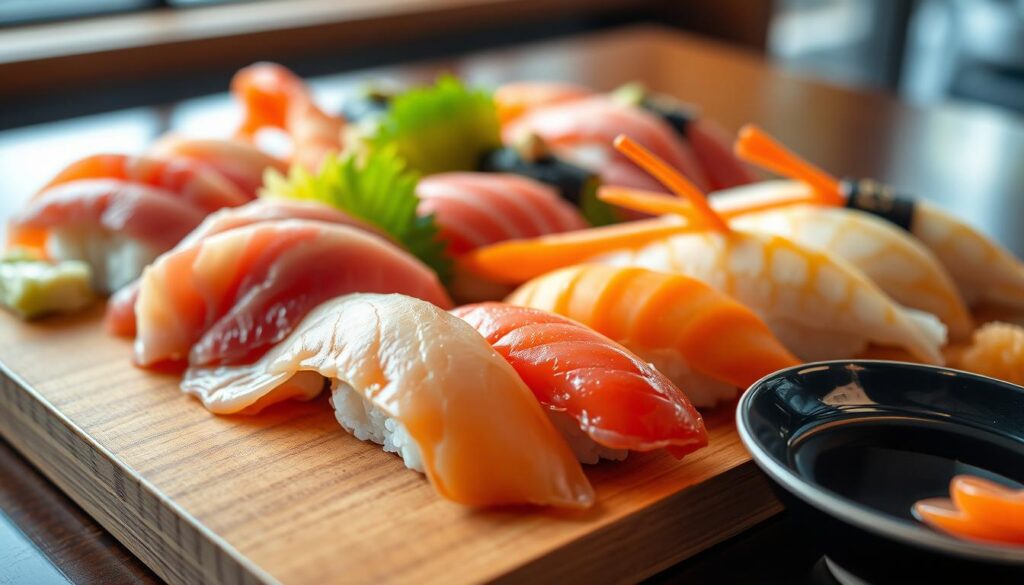A close-up photograph of an authentic Japanese sushi platter, captured in natural daylight with a shallow depth of field. The sushi features a variety of the freshest, highest-quality ingredients - silky slices of fatty tuna, delicate yellowtail, briny sea urchin, and plump, glistening shrimp, all artfully arranged on a minimalist, wooden serving board. The sushi is accompanied by small dishes of soy sauce, wasabi, and pickled ginger. The image conveys the tranquil, elegant atmosphere of a traditional Japanese sushi restaurant, evoking a sense of culinary refinement and cultural authenticity.