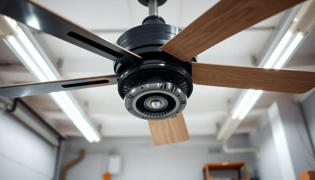 A close-up photograph of an energy-efficient ceiling fan motor in a well-lit, clean workshop setting. The motor is positioned prominently in the center of the frame, showcasing its sleek, modern design with clean lines and a compact profile. The lighting is soft and diffused, highlighting the intricate details and mechanisms of the motor. The background is a neutral, minimalist backdrop, allowing the subject to be the focal point. The overall mood is one of technical precision and efficiency, conveying the high-quality engineering and energy-saving capabilities of the motor.