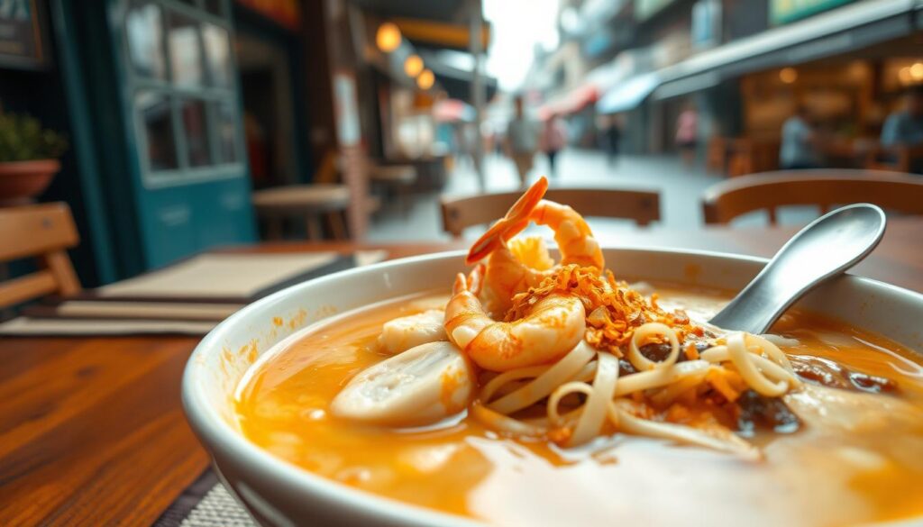 A close-up shot of a bowl of steaming hot Katong laksa, a signature Singaporean dish. In the foreground, the fragrant coconut-based broth surrounds thick, springy laksa noodles, topped with succulent shrimp, slices of fish cake, and a sprinkle of crispy fried shallots. The middle ground features a wooden table with a placemat, chopsticks, and a spoon, all casting soft, warm shadows under a gentle, natural lighting. In the background, a blurred view of a bustling Katong neighborhood street, hinting at the dish's local heritage and popularity. The overall scene evokes a mouthwatering, comforting, and authentically Singaporean dining experience.