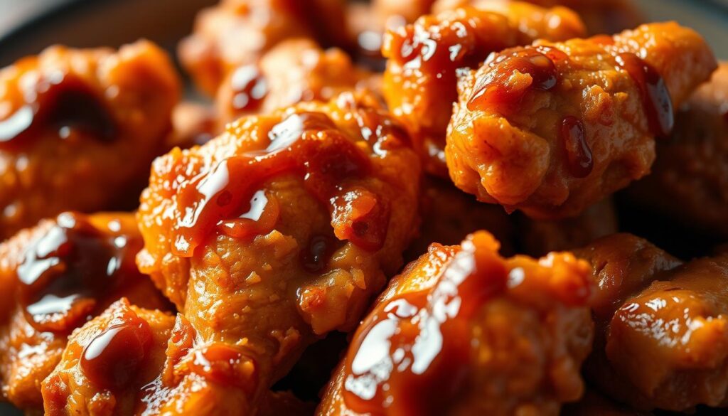 A close-up shot of a golden-brown waker chicken, freshly fried and glistening with a rich soy sauce glaze. The chicken pieces are arranged in a visually appealing manner, highlighting their crispy texture and juicy interior. The lighting is warm and natural, casting subtle shadows that accentuate the dish's depth and dimension. The background is slightly blurred, focusing the viewer's attention on the delectable fried chicken. The overall composition evokes a sense of mouthwatering temptation and the vibrant flavors of authentic Korean cuisine.