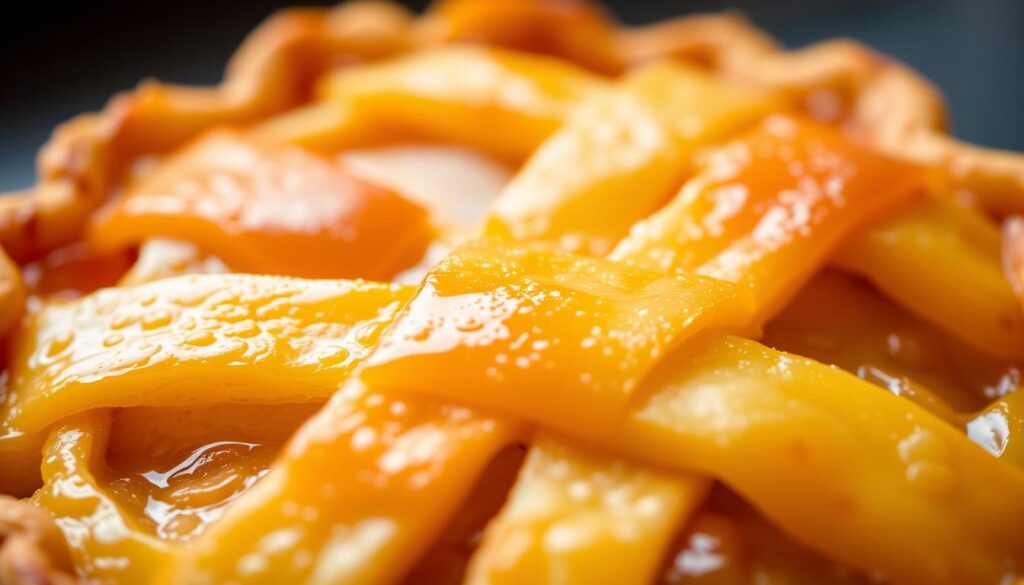 A close-up shot of a perfectly baked pineapple tart, with a golden, flaky crust revealing the vibrant, caramelized pineapple filling within. The texture is a harmonious blend of crispness and tenderness, the pineapple cubes glistening with a subtle sheen, their sweet-tart flavor accentuated by a hint of warmth. Soft, diffused lighting bathes the tart, casting gentle shadows that highlight the intricate lattice pattern of the crust. The image is captured with a macro lens, emphasizing the intricate details and inviting the viewer to savor the tactile and flavor experience of this quintessential Singaporean delicacy.