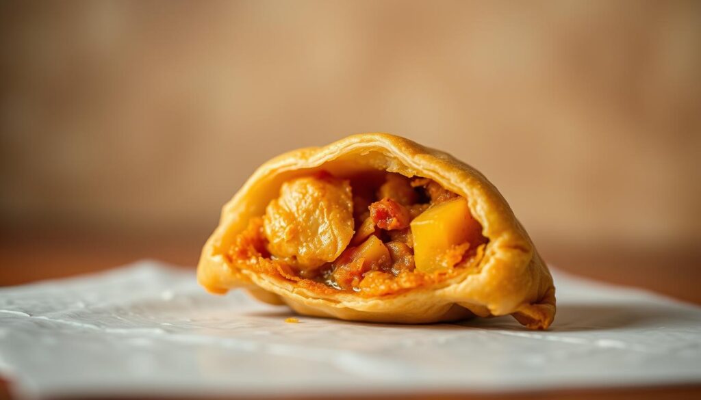 A close-up shot of a traditional Hainanese curry puff from Rolina, set against a soft, blurred background. The pastry crust is golden-brown and flaky, revealing a savory filling of chicken, potatoes, and aromatic spices. The lighting is warm and gentle, accentuating the textural details and the rich, inviting colors. The composition is carefully balanced, drawing the viewer's attention to the intricate, handcrafted nature of this beloved local delicacy. The mood is one of nostalgia and comforting familiarity, capturing the essence of Rolina's legacy as a purveyor of time-honored Hainanese cuisine.