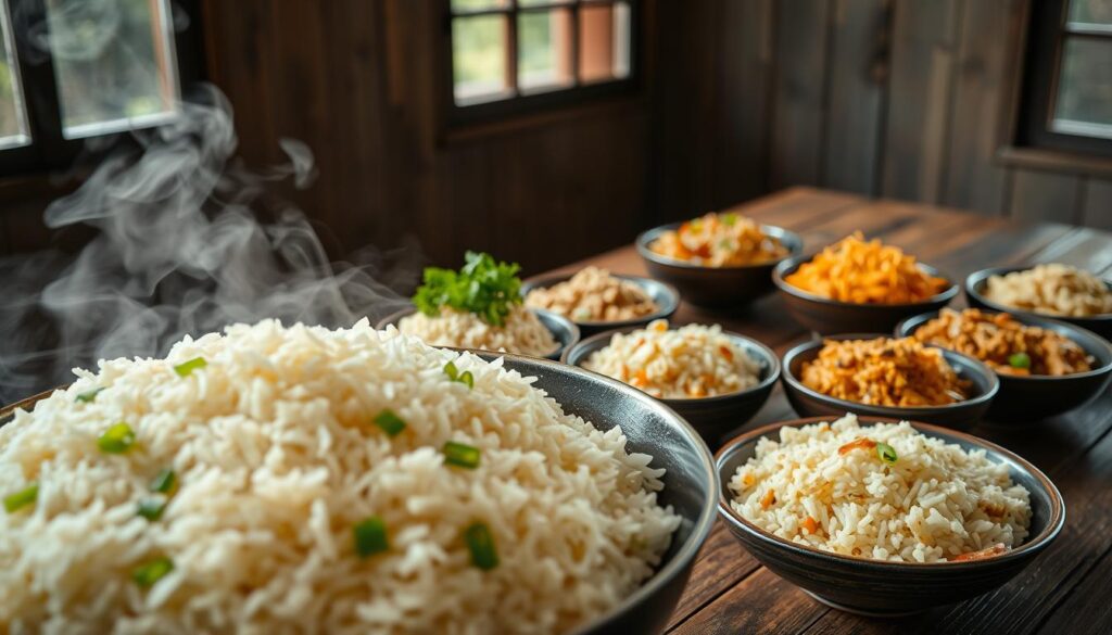 A close-up view of various types of fried rice artfully arranged on a rustic wooden table. In the foreground, fragrant rice is sizzling in a wok, with the rich aroma of soy sauce, garlic, and scallions wafting through the air. The middle ground showcases an assortment of fried rice variations, each with distinct ingredients like shrimp, chicken, or vegetables, presented in individual bowls. In the background, a simple yet elegant setting with natural lighting filtering through a window, casting a warm, inviting glow over the scene. The overall composition conveys the diversity and allure of fried rice, perfectly suited to illustrate the "Exploring More Fried Rice Varieties" section.