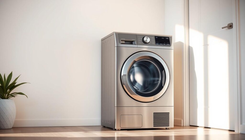 A compact, sleek washer dryer combo unit designed for small living spaces. The unit is set against a minimalist, light-filled interior with clean, modern lines. The appliance features a brushed stainless steel finish, blending seamlessly with the surroundings. Soft, warm lighting casts a gentle glow, creating a cozy, inviting atmosphere. The unit is positioned at an angle, showcasing its compact, space-saving design. The image conveys a sense of efficiency and practicality, highlighting the appliance's suitability for cramped urban dwellings. The overall mood is one of understated elegance and functionality.