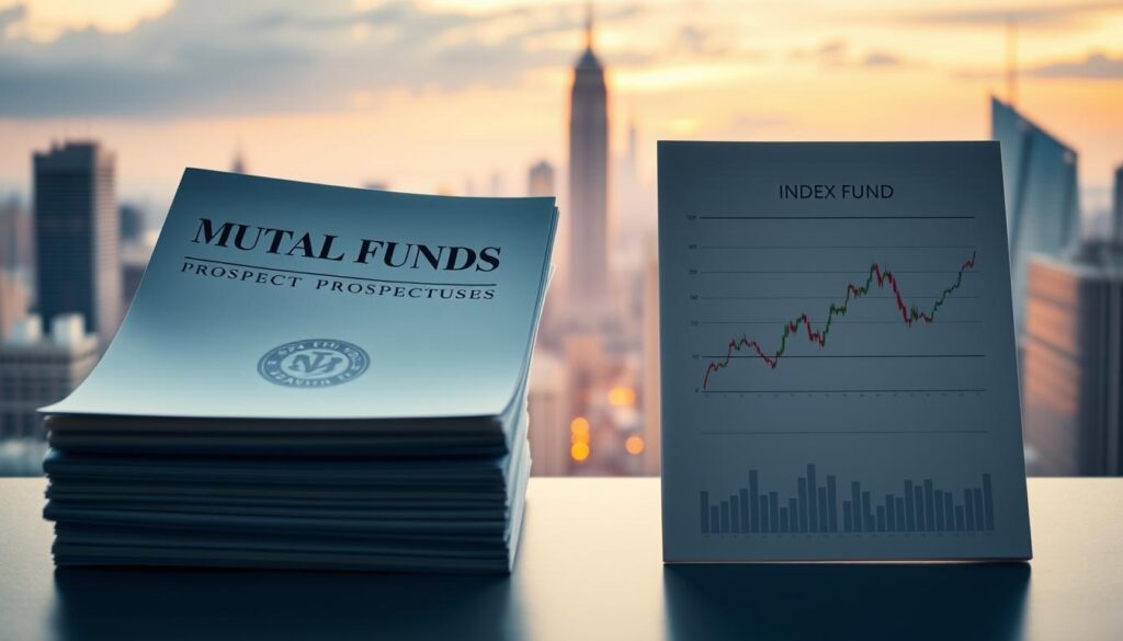 A contrast between a stack of mutual fund prospectuses and an index fund tracker, both set against a backdrop of a cityscape skyline. The mutual funds are depicted in a formal, conservative manner, while the index fund is shown in a more minimalist, modern style. Soft, warm lighting illuminates the scene, creating a sense of stability and reliability. The composition emphasizes the differences between the two investment vehicles, inviting the viewer to consider their respective merits. The image should convey a balanced, informative tone, suitable for an article exploring the nuances of mutual funds and index funds.