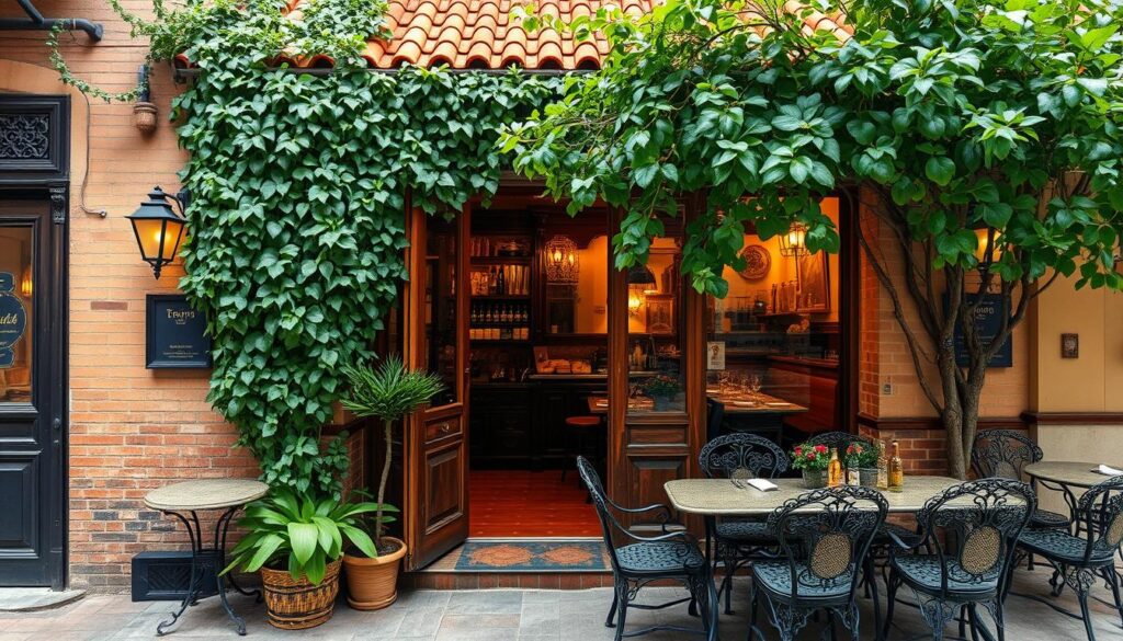 A cozy Italian trattoria nestled in the charming Joo Chiat neighborhood, its warm terracotta-tiled roof and ivy-covered façade inviting passersby. Through the weathered wooden door, glimpse the rustic interior - terracotta floors, exposed beams, and ornate antique furnishings that evoke an old-world Tuscan ambiance. Soft lighting casts a gentle glow, while the open kitchen fills the air with the enticing aromas of simmering sauces and freshly baked bread. In the outdoor dining area, wrought-iron tables and chairs are shaded by a lush canopy of vines, creating a tranquil oasis from the bustling streets. The overall scene exudes a welcoming sense of old-world charm and authentic Italian hospitality.
