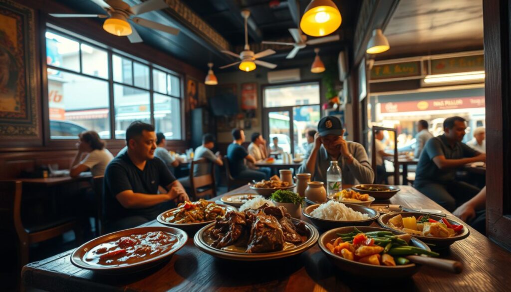 A cozy Nasi Padang dining scene, captured with a warm, cinematic lens. In the foreground, a traditional Nasi Padang spread adorns a rustic wooden table, featuring fragrant curries, tender beef rendang, and vibrant vegetable dishes. Patrons sit around the table, engaged in animated conversation, savoring the flavors and the atmosphere. The middle ground showcases the lively ambiance of the restaurant, with its richly decorated walls, ceiling fans lazily circulating the air, and the hum of contented diners. In the background, a glimpse of the bustling street outside, framed by large windows, hints at the vibrant energy of the neighborhood. The lighting is soft and golden, casting a comforting glow over the entire scene, inviting the viewer to imagine themselves immersed in the authentic Nasi Padang dining experience.