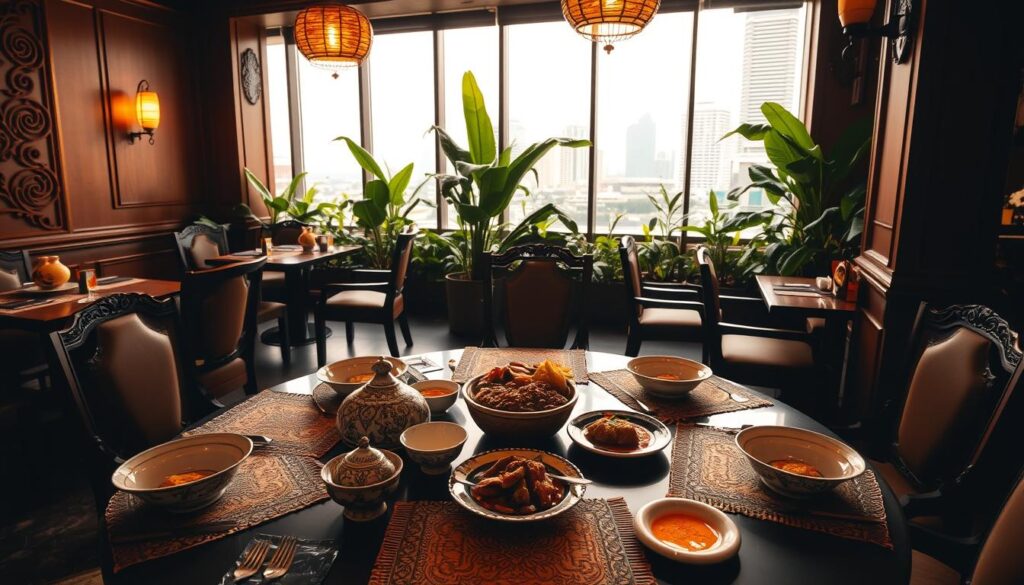 A cozy Peranakan restaurant in Singapore, dimly lit with warm golden tones. The foreground features a beautifully set table with traditional Peranakan porcelain, intricate batik placemats, and an array of tantalizing Peranakan dishes like ayam buah keluak, rendang, and laksa. In the middle ground, elegant wooden furniture and ornate wall decor evoke the rich cultural heritage. The background showcases lush tropical plants and a glimpse of the bustling Singapore cityscape through large windows, creating a harmonious blend of modern and traditional elements.