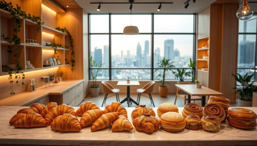 A cozy Scandinavian-inspired patisserie nestled in the bustling heart of Singapore, its windows aglow with warm light. In the foreground, an assortment of delicate pastries arranged artfully on a marble counter - golden croissants, flaky Danish, and decadent cinnamon buns. The middle ground reveals a sleek, minimalist interior with blond wood furnishings and trailing vines cascading from shelves. In the background, the vibrant city skyline is visible through large windows, creating a harmonious blend of Scandinavian tranquility and Singaporean energy. Soft, diffused lighting casts a gentle glow, evoking a sense of hygge and inviting the viewer to indulge in these meticulously crafted, Nordic-inspired confections.