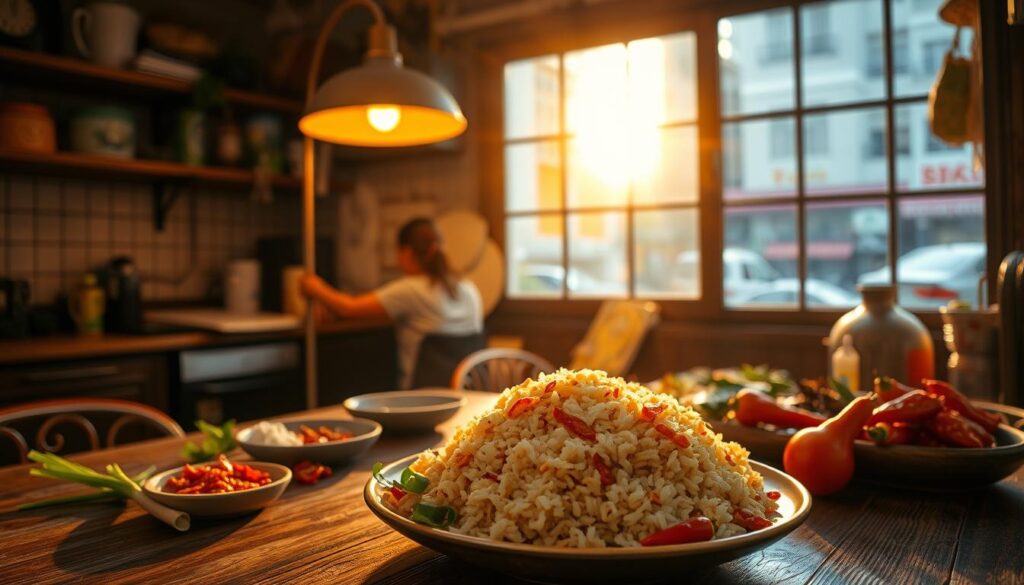 A cozy Singaporean kitchen, bathed in warm golden light from a vintage floor lamp. On a rustic wooden table, a steaming plate of fried rice takes center stage, surrounded by carefully arranged garnishes - crisp green onions, salty preserved vegetables, and a vibrant array of freshly chopped chili peppers. In the background, a window overlooks the bustling city streets, hinting at the cultural richness of Singapore's culinary traditions. The overall atmosphere evokes a sense of comfort, flavors, and the joy of sharing a beloved local dish.
