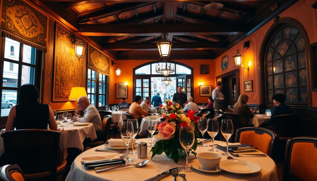 A cozy Spanish restaurant interior with warm, vibrant lighting, wooden beams, and terracotta tiles. Intricate tapestries adorn the walls, casting a soft, ambient glow. In the foreground, a beautifully set table with fine china, glassware, and a centerpiece of fresh flowers. Gentle background music and the chatter of diners create a lively, convivial atmosphere. Through the large windows, a glimpse of a bustling city street, conveying a sense of being immersed in the heart of a vibrant Spanish locale. The scene exudes a comfortable, inviting ambiance that evokes the essence of traditional Spanish dining.