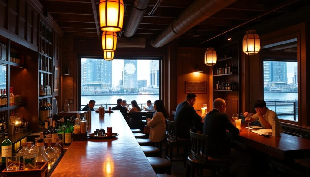A cozy and intimate izakaya bar nestled along the banks of Robertson Quay, its discrete entrance discreetly tucked away from the main street. The warm glow of lanterns illuminate the rustic wooden interiors, casting a soft, inviting atmosphere. Patrons sit at the polished counter, sipping craft cocktails and sampling an array of Japanese small plates. The bar's bartenders skillfully mix drinks, their movements graceful and precise, while conversation hums softly in the background. Through the large windows, a glimpse of the Singapore River can be seen, its waters reflecting the twinkling city lights. An oasis of authenticity and tranquility, this hidden gem offers a truly immersive izakaya experience.