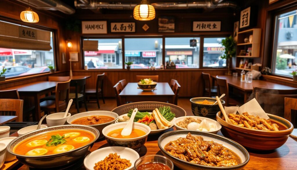 A cozy and inviting Korean restaurant nestled in the heartland, Han Kki offers a warm and authentic dining experience. In the foreground, a selection of traditional Korean dishes are meticulously presented, including steaming hot bowls of hearty stews, vibrant banchan (side dishes), and fragrant bulgogi. The middle ground showcases the restaurant's rustic and homely ambiance, with wooden furnishings, soft lighting, and traditional Korean décor. In the background, glimpses of the bustling neighborhood can be seen through the large windows, creating a sense of connection between the restaurant and the local community. The overall scene exudes a comforting and homely atmosphere, inviting the viewer to savor the flavors and immerse themselves in the heart of Korean cuisine.